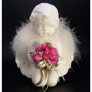 Angel  Statue Small Pink Roses Ribbons Cherub Room Decor Memorial 6"